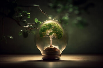 Light bulb with green tree inside. Nature forest and environment preservation concept. Saving the planet idea. Green renewable energy. Innovation eco friendly sustainable source of power. Ai generated