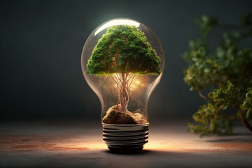 Light bulb with green tree inside. Nature forest and environment preservation concept. Saving the planet idea. Green renewable energy. Innovation eco friendly sustainable source of power. Ai generated