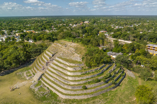 Aerial view of Kinich Kakmo pyramids in Izamal, Yucatan, Mexico.