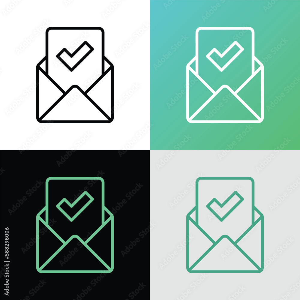 Poster letter approved thin line icon: envelope with paper sheet with check mark. modern vector illustratio