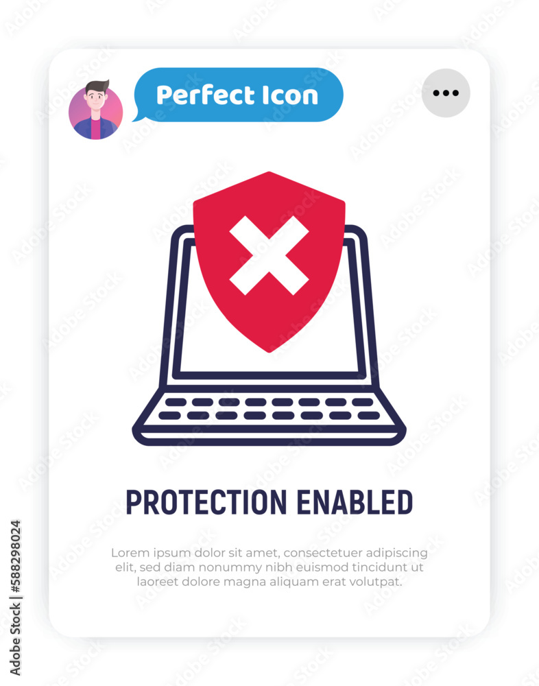 Poster protection enabled thin line icon. opened laptop is protected by shield with cross mark. vector illu