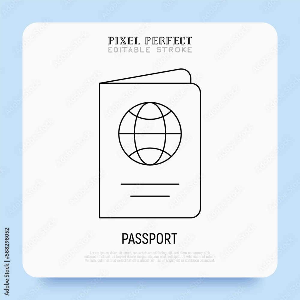 Poster passport with globe thin line icon. pixel perfect, editable stroke. modern vector illustration of id