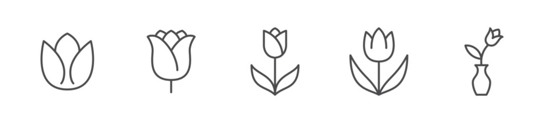 Tulip flat line icon set. Vector outline illustration of flower blossom. Black color thin linear sign for spring plant