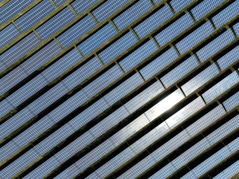 Aerial view of peatland photovoltaic panels at the ecological Solarpark Klein Rheide, Schleswig-Holstein, Germany.