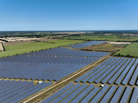 Aerial view of peatland photovoltaic panels at the ecological Solarpark Klein Rheide, Schleswig-Holstein, Germany.