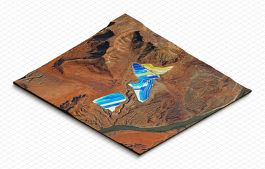 3d model of Potash ponds, Utah USA. Isometric map virtual terrain 3d for infographic. Geography and topography planet earth flattened satellite view