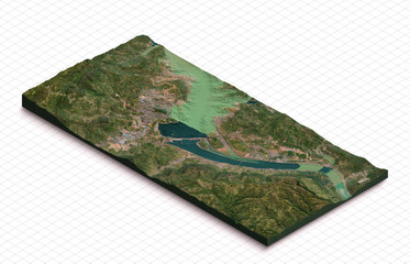 Fototapeta na wymiar 3d model of Three Gorges Dam in China. Isometric map virtual terrain 3d for infographic. Geography and topography planet earth flattened satellite view