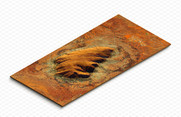 3d model of Uluru, or Ayers Rock, Rock in Australia. Isometric map virtual terrain 3d for infographic. Geography and topography planet earth flattened satellite view