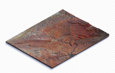 3d model of Arches National Park, Utah USA. Isometric map virtual terrain 3d for infographic. Geography and topography planet earth flattened satellite view