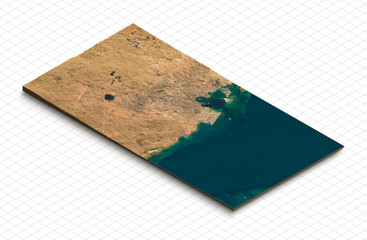 3d model of Doha, Qatar. Isometric map virtual terrain 3d for infographic. Geography and topography planet earth flattened satellite view