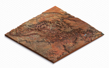 3d model of Canyonlands National Park, Utah USA. Isometric map virtual terrain 3d for infographic. Geography and topography planet earth flattened satellite view