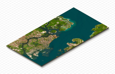 3d model of Singapore. Isometric map virtual terrain 3d for infographic. Geography and topography planet earth flattened satellite view