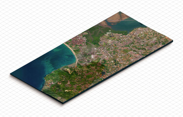 3d model of Jimbaran beach, Bali Indonesia, Japan. Isometric map virtual terrain 3d for infographic. Geography and topography planet earth flattened satellite view