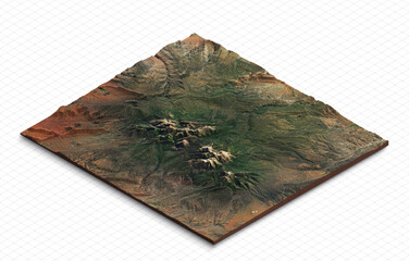 3d model of the Mountains in Utah, USA. Mountain Waas, Mountain Peale, South Mountain. Isometric map virtual terrain 3d for infographic.