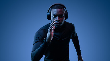 Serious black runner in headphones