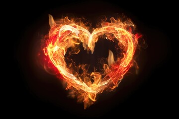 Fototapeta na wymiar Effect of a heart with yellow and red fire flames with black background Generative AI Illustration