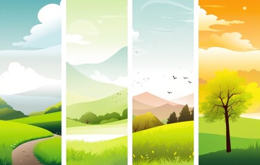 Four beautiful green nature landscapes vertical banners Generative AI Illustration