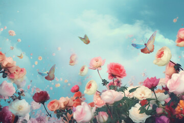 flower nature pastel valentine peony falling art flying blue pink. Generative AI.