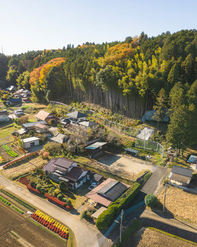Aerial view of the japanese village Aida, Motegi, Tochigi Japan.