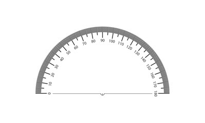Real protractor on transparent background. 1 division is 1 degree.