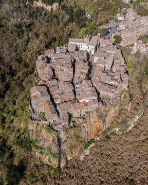 Aerial view of Calcata Vecchia, a medieval old town in Lazio Region, Rome, Italy.