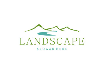 Landscape Hills, Mountain Peaks River Creek Simple logo design Vector