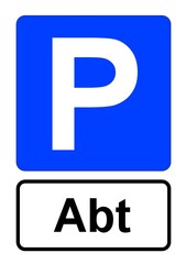 Illustration eines blauen Parkplatzschildes mit der Aufschrift "Abt"	