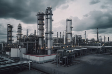 modern petrochemical plant with reactors and converters under heavy sky with copyspace