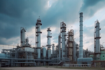 modern petrochemical plant with reactors and converters under heavy sky with copyspace