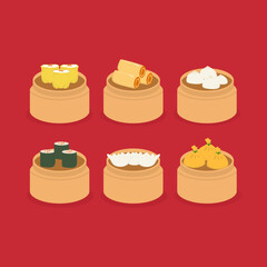 Chinese Dim Sum Dumplings - Steaming Chinese Dim Sum Dumplings with Soy Sauce Vector Illustration