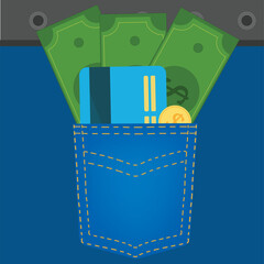 Set finance money paper dollar card cent in pocket vector illustration