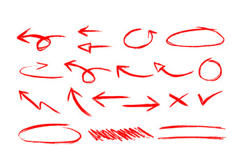 design element collection of red ink brush stroke arrow pointer, circle marker, check, x mark and underline mark. Set of grunger stroke mark - obrazy, fototapety, plakaty