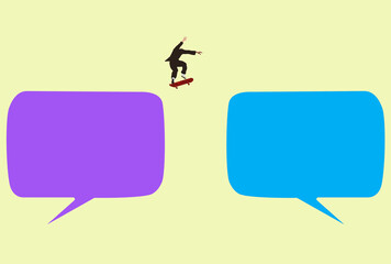 Businessman performing skateboarding jump between two blank speech bubbles