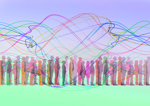 Colorful lines floating against people waiting in line