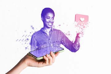 Photo creative holographic collage of young famous blogger girl click like icon hologram phone...