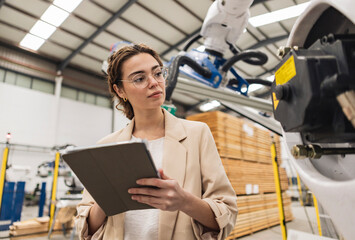 Young engineer with tablet PC examining robotic arm in industry