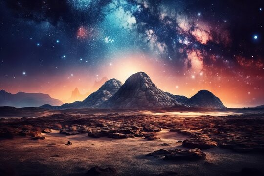 Starry sky in a field with mountains, evening beautiful view of space, generative AI.