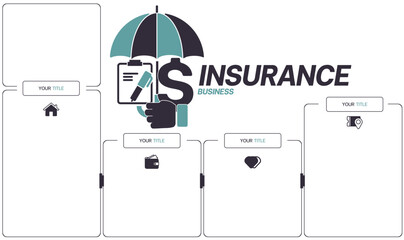 Business insurance Infographics design template can be used for workflow layout, diagram, annual report, web design. Minimal design. Infographics, Business, Insurance, Subject Icons