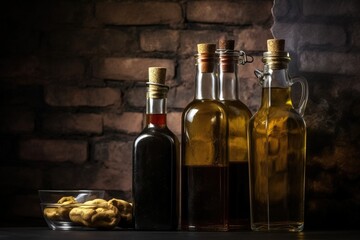  three bottles of olive oil and a glass bowl of olives on a table in front of a brick wall and a bowl of olives.  generative ai