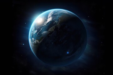 View of blue planet earth in space, earth's atmosphere and black space around, generative AI.