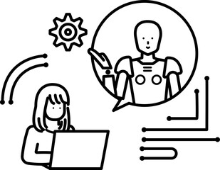 人工知能を使ってパソコンで仕事をする女性のイラスト　線画のみ