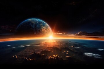 Planet earth and the moon and sun on its horizon, generative AI.