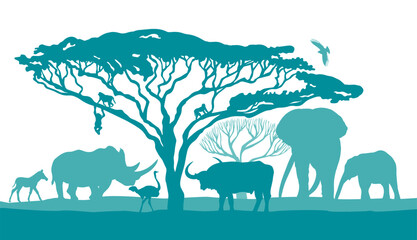 African blue landscape with animals. Vector illustration