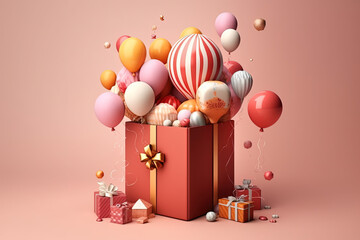 A gift box full of decorative festive objects with balloons. created using Generative Ai