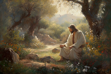 Jesus Christ praying in a garden. created using Generative Ai