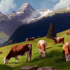 Fototapeta na wymiar Brown cows on mountain pastures, created with generative ai
