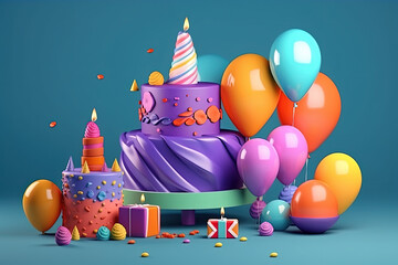 Birthday Cakes with Birthday Party Elements, balloons, greeting card, and cover. created using Generative Ai