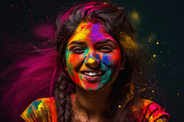 Laughing happy woman celebrating Holi holiday, folk festival of colors in Nepal and India. Symbolizes arrival of spring, the expulsion of evil and the rebirth of life. Generative AI