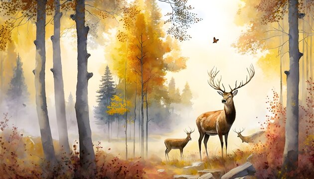 Digital watercolor painting European forest in autumn with trees and wildflowers with deer in a landscape - 2 © MG