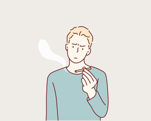 male hand holding a cigarette. serious man with no smoking sign. Hand drawn style vector design illustrations.